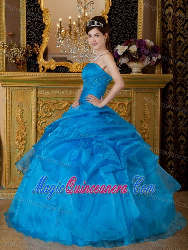 Blue Floor-length Strapless Organza Quince Dresses in Clifton