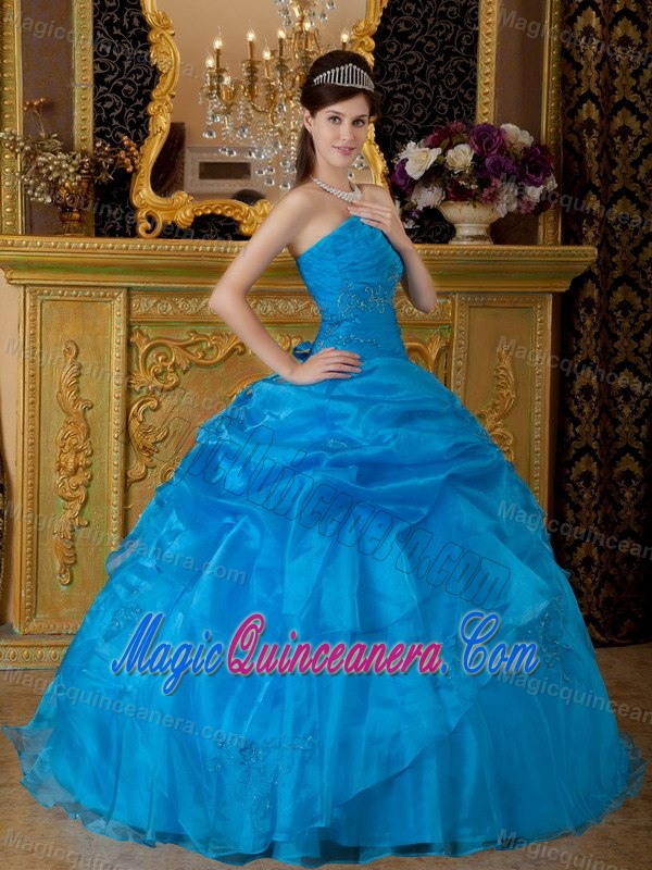 Blue Floor-length Strapless Organza Quince Dresses in Clifton