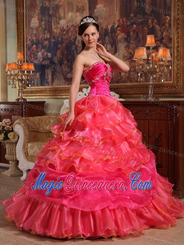 Red Tiered Taffeta and Organza Appliques Quince Dresses in Clifton