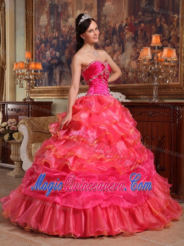 Red Tiered Taffeta and Organza Appliques Quince Dresses in Clifton