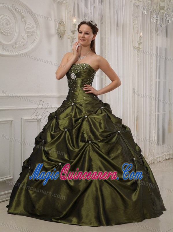 Olive Green Beaded Taffeta Quinceanera Gown with Pick Ups in Auckland