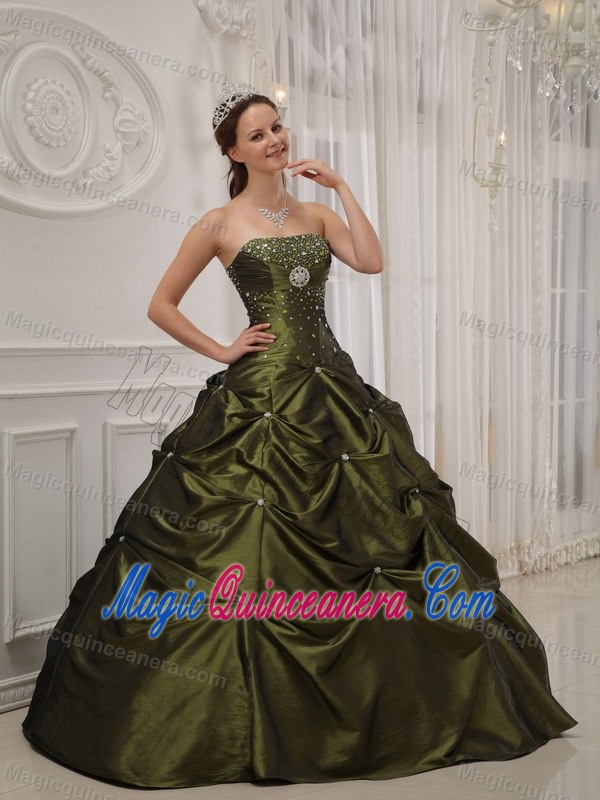 Olive Green Beaded Taffeta Quinceanera Gown with Pick Ups in Auckland