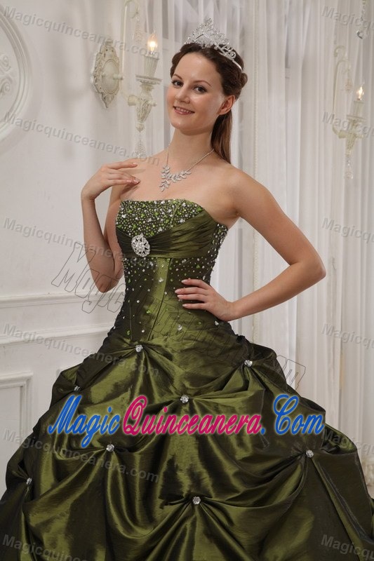 Olive Green Beaded Taffeta Quinceanera Gown with Pick Ups in Auckland