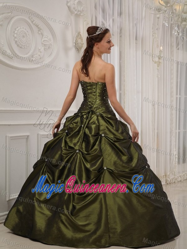 Olive Green Beaded Taffeta Quinceanera Gown with Pick Ups in Auckland