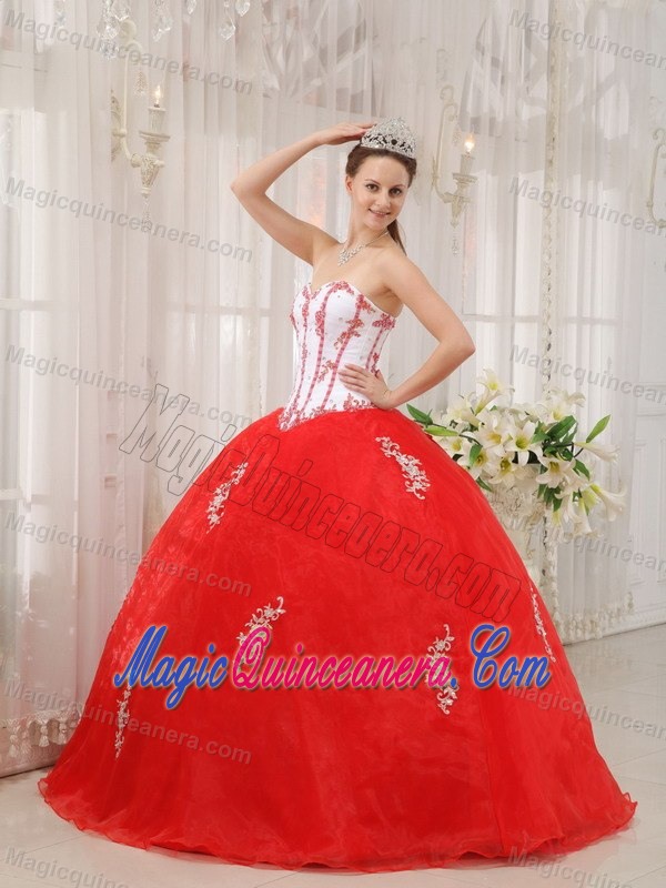 White and Red Strapless Organza Appliques Quince Dresses in Clifton
