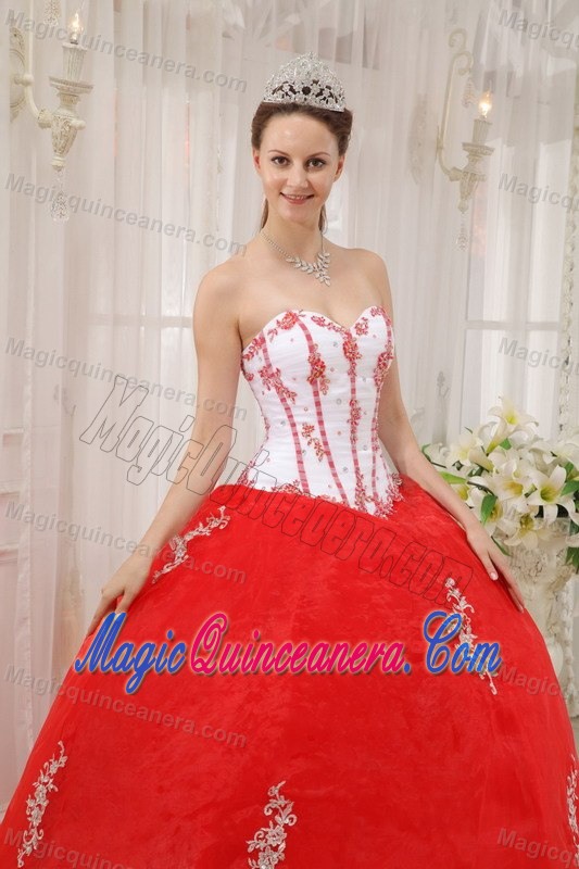 White and Red Strapless Organza Appliques Quince Dresses in Clifton