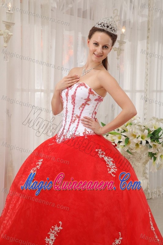 White and Red Strapless Organza Appliques Quince Dresses in Clifton