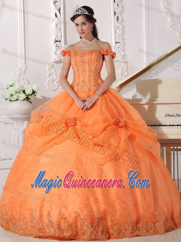 Orange Off the Shoulder Pick Ups Organza Sweet 15 Dresses in Newry