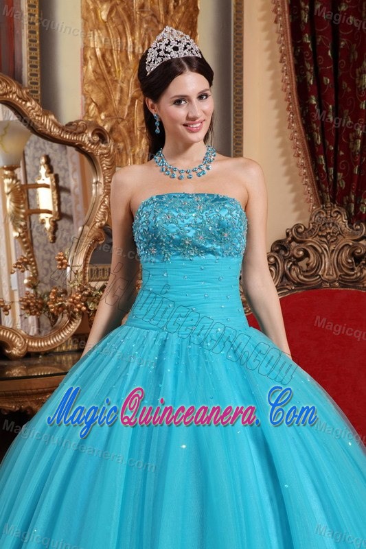 Blue Ball Gown Beaded Ruches Tulle Quinceanera Dresses in Bath