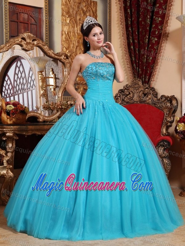 Blue Ball Gown Beaded Ruches Tulle Quinceanera Dresses in Bath