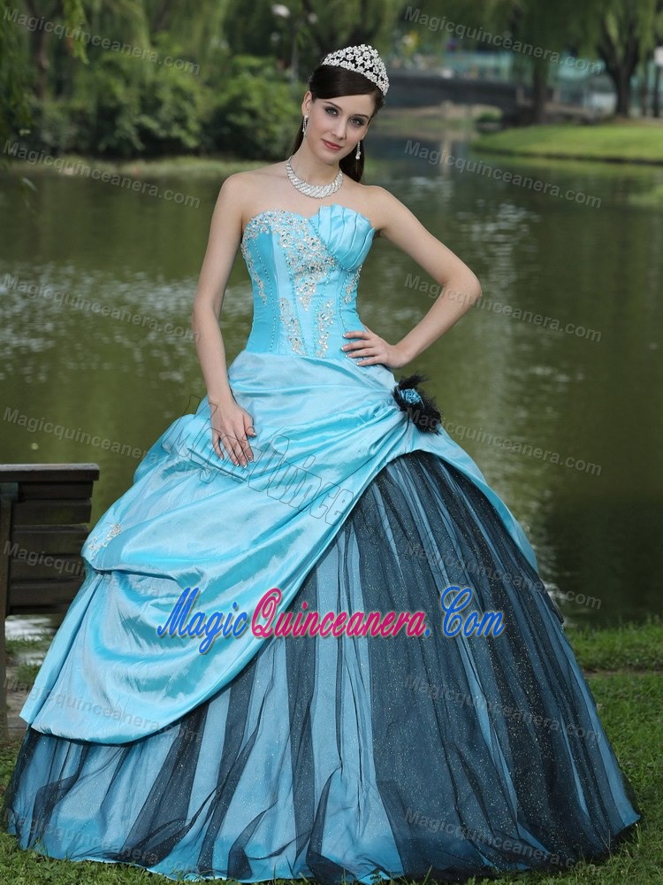 Aqua Blue Beaded Taffeta Appliques Quinceanera Gown in Clifton