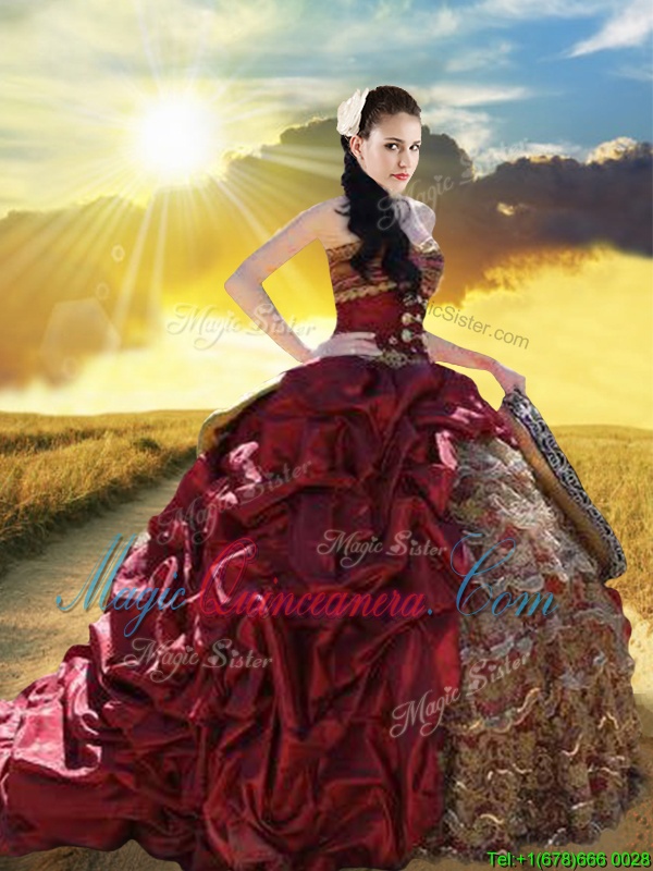 Fancy Sweetheart Sleeveless 15 Quinceanera Dress With Train Court Train Beading and Ruffled Layers and Pick Ups Burgundy Taffeta and Lace