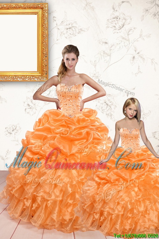 triumph Discount Orange Organza Lace Up Sweetheart Sleeveless Floor Length Sweet 16 Dresses Beading and Ruffles and Pick Ups