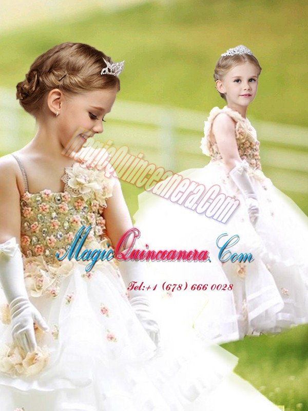 triumph White Sleeveless Brush Train Ruffled Layers and Hand Made Flower Pageant Dress for Womens