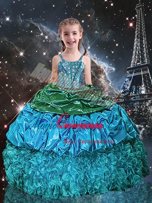 triumph Floor Length Lace Up Pageant Gowns Aqua Blue for Party and Wedding Party with Beading and Ruffles and Pick Ups