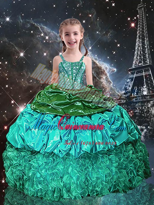 triumph Sweet Green Sleeveless Floor Length Beading and Ruffles Lace Up Little Girls Pageant Dress