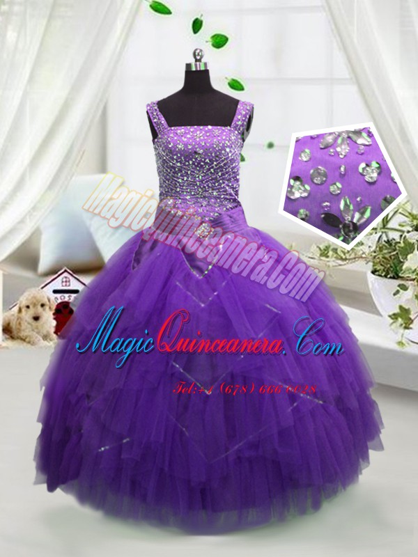 triumph Superior Lavender Lace Up High School Pageant Dress Beading and Ruffles Sleeveless Floor Length