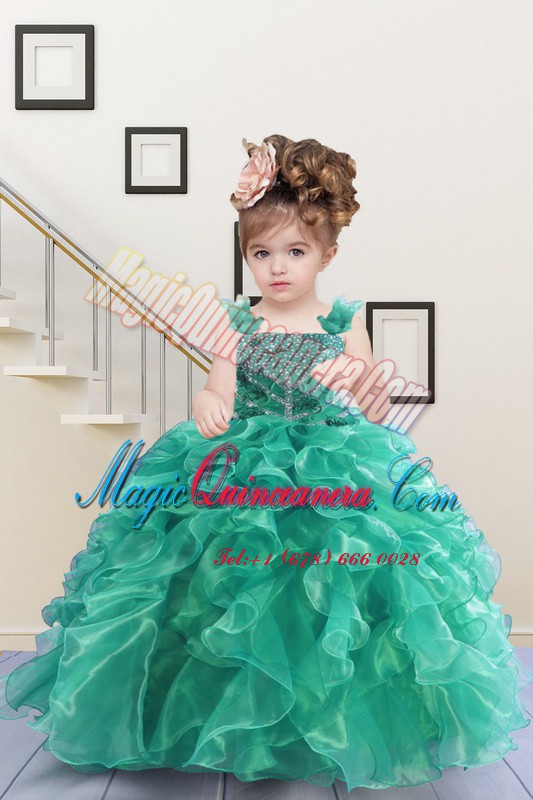 triumph Straps Sleeveless Pageant Dress for Teens Floor Length Beading and Ruffles Turquoise Organza
