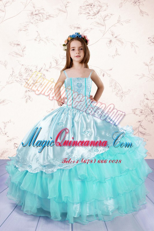 triumph Inexpensive Turquoise Lace Up Spaghetti Straps Embroidery and Ruffled Layers Kids Formal Wear Organza Sleeveless