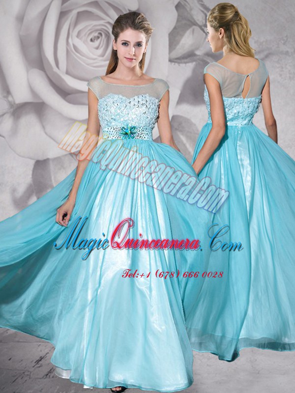triumph Empire Mother Of The Bride Dress Aqua Blue Bateau Chiffon Cap Sleeves Floor Length Zipper