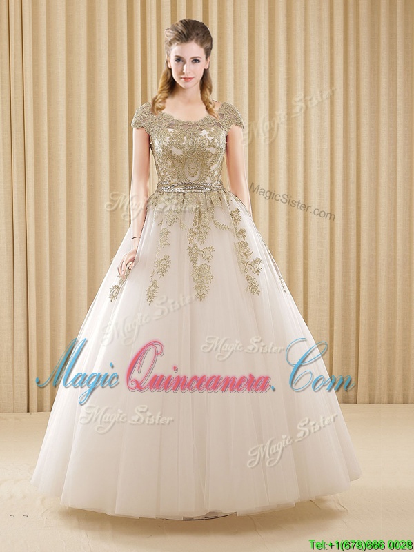 triumph On Sale Scoop White Tulle Lace Up Quinceanera Dress Short Sleeves Floor Length Beading and Appliques
