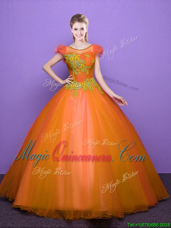 triumph High End Scoop Orange Ball Gowns Appliques Quinceanera Dress Lace Up Tulle Short Sleeves Floor Length