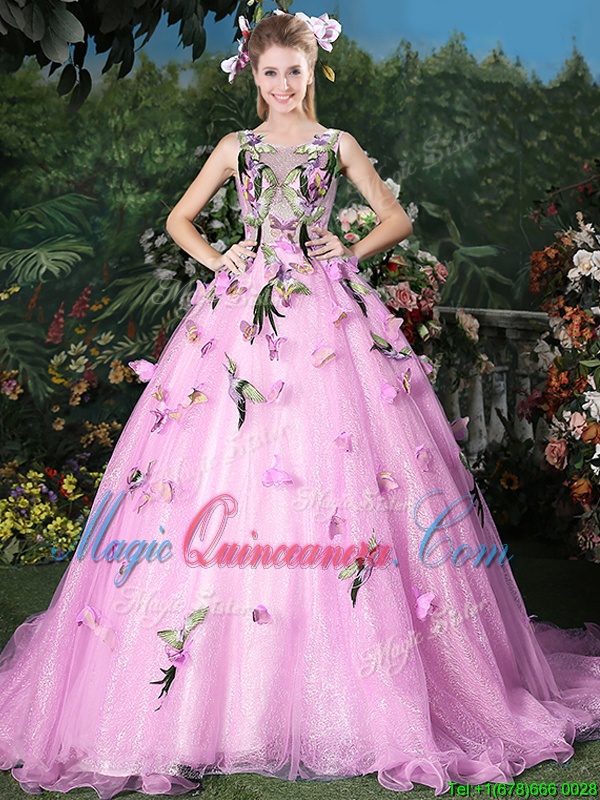 triumph Noble Lilac Quince Ball Gowns Military Ball and Sweet 16 and Quinceanera and For with Appliques Scoop Sleeveless Brush Train Lace Up