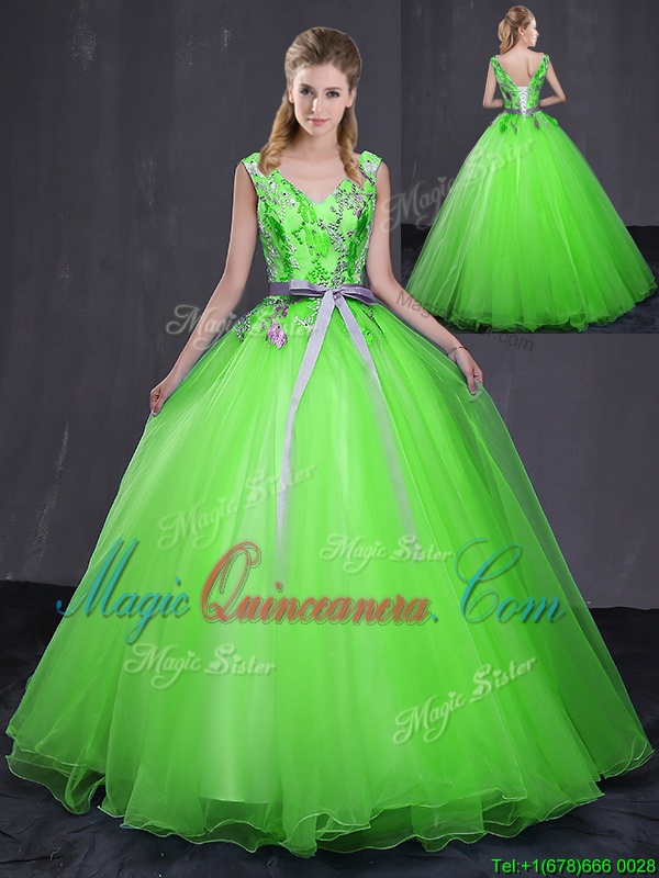 triumph Custom Designed V-neck Neckline Appliques and Belt Vestidos de Quinceanera Sleeveless Lace Up