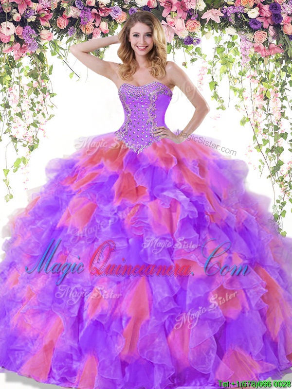 triumph Flare Multi-color Ball Gowns Beading Quince Ball Gowns Lace Up Organza Sleeveless Floor Length