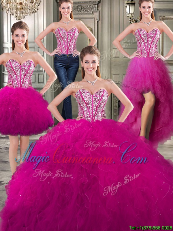 triumph Three Piece Sleeveless Tulle Floor Length Lace Up Quinceanera Gowns in Fuchsia for with Beading and Ruffles