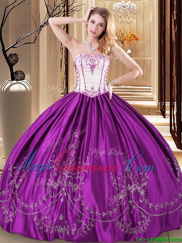 triumph Artistic Purple Ball Gowns Strapless Sleeveless Taffeta Floor Length Lace Up Embroidery Quinceanera Gown