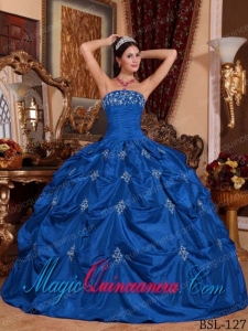 A Blue Ball Gown Strapless With Taffeta Appliques Classic Quinceanera Gowns