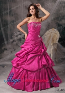 A-Line / Princess Strapless Hot Pink Taffeta Beading Cute Quinceanera Dress