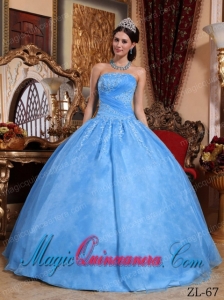 Aqua Blue Ball Gown Strapless With Organza Appliques Classic Quinceanera Gowns