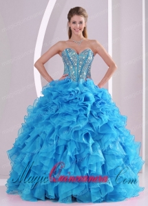 Blue Sweetheart Organza 2014 Spring Quinceanera Gowns with Fitted Waist