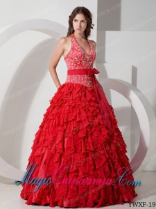 Cheap Ball Gown Halter Chiffon Embroidery Quinceanera Dress in Red