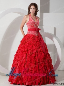 Cheap Ball Gown Halter Chiffon Embroidery Quinceanera Dress in Red