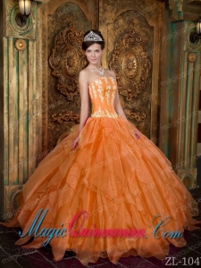 Gorgeous Ball Gown Strapless Floor-length Appliques Organza Orange Cute Quinceanera Dress