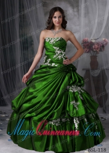 Green Strapless Floor-length Taffeta Appliques and Flowers Best Quinceanera Dress