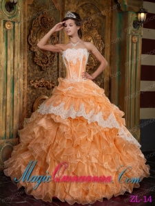 Orange Ball Gown Strapless Floor-length Ruffles Organza Cute Quinceanera Dress