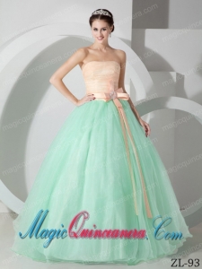 Strapless Apple Green and Pink Organza Sash and Ruching Cute Quinceanea Dress