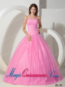 Strapless Tulle Beading Couture Quinceanera Dress in Rose Pink