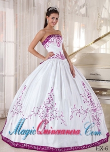 Strapless White and Fuchsia Floor-length Embroidery Cute Quinceanera Dress