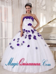 White and Purple Strapless Beading and Hand Made Flowers Cute Quinceanera Dress