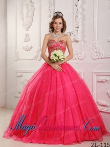 A Hot Pink Sweetheart Floor-length Satin and Organza Beading Classic Quinceanera Gowns