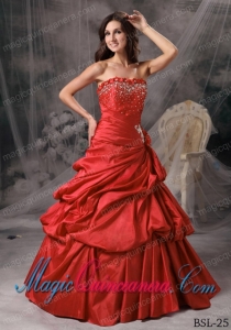 A-line Strapless Taffeta Cheap Quinceanera Dress with Beading
