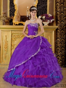 An Eggplant Purple Ball Gown Strapless Floor-length Organza Appliques Bule Classic Quinceanera Gowns