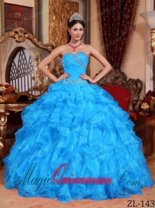 Aqua Blue Ball Gown Sweetheart Floor-length Organza Beading Cute Quinceanera Dress