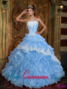 Ball Gown Strapless Aqua Blue Ruffles Organza Best Quinceanera Dress