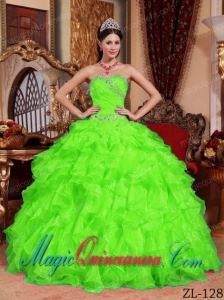 Ball Gown Sweetheart Spring Green Organza Beading Best Quinceanera Dress